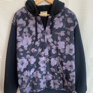 Hybrid & Company Black and Purple/Gray Floral Hoodie. Zip up. Large. Warm!